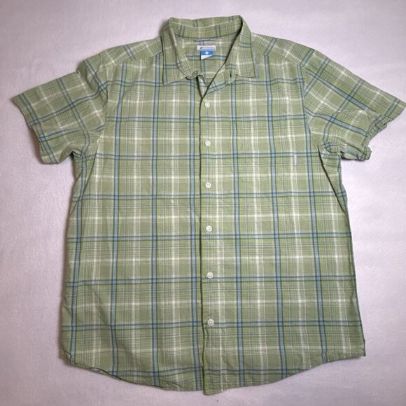 Columbia Shirt Mens Large Short Sleeve Plaid Green Button Front Pocket - Picture 1 of 9